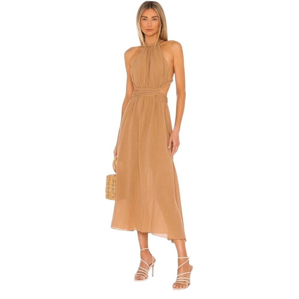 ALICE + OLIVIA - Faith Braided Midi Elegant Halter Dress in Tan Sz L